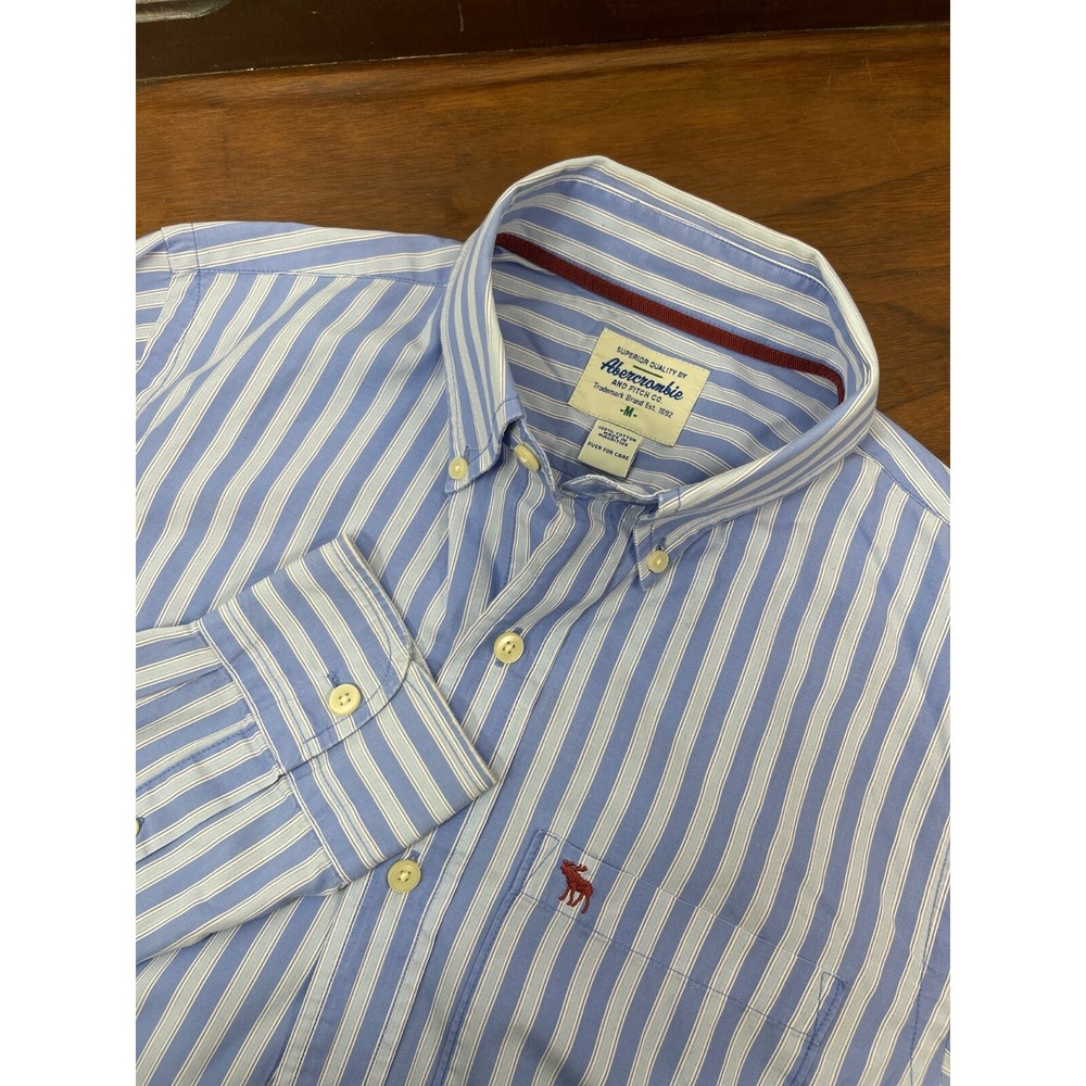 VTG Abercrombie & Fitch Blue White Striped Cotton Button-Up Shirt Men‎ Med EUC